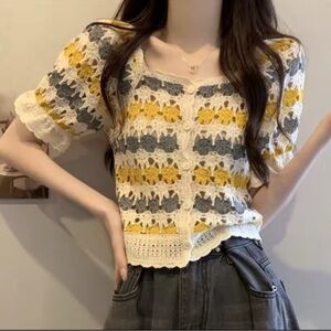 Handmade Cottagecore Crochet Button Down Short Sleeve Cardigan Size XS/S